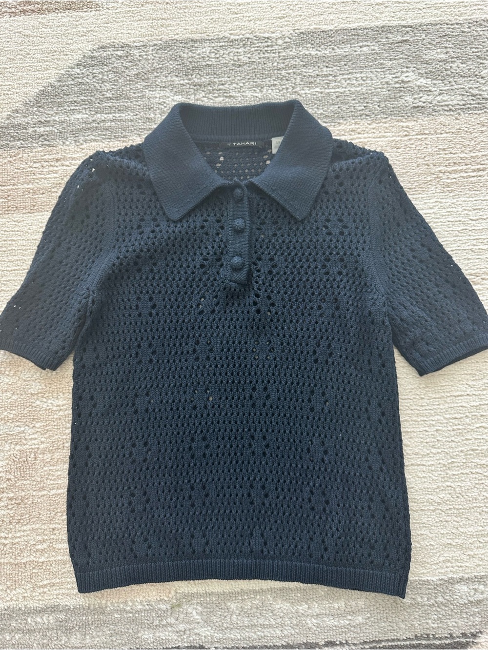 Dark Academia Preppy T Tahari Women’s Navy Open-Knit Crochet Polo Sweater S